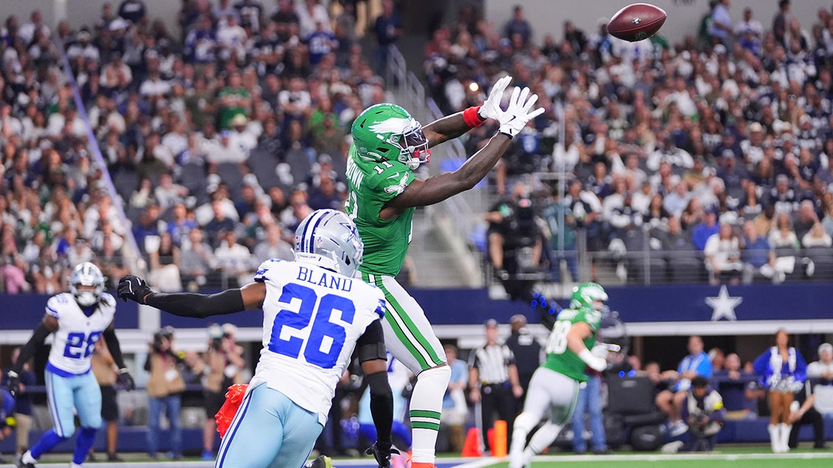 Philadelphia Eagles wide receiver A.J. Brown catching a touchdown pass over Dallas Cowboys cornerback DaRon Bland