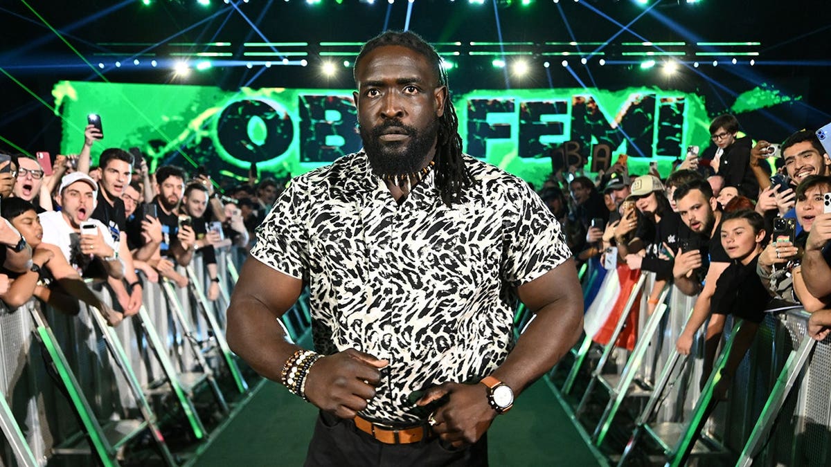 Oba Femi entering the arena during Monday Night RAW at The Accor Arena in Paris, France.