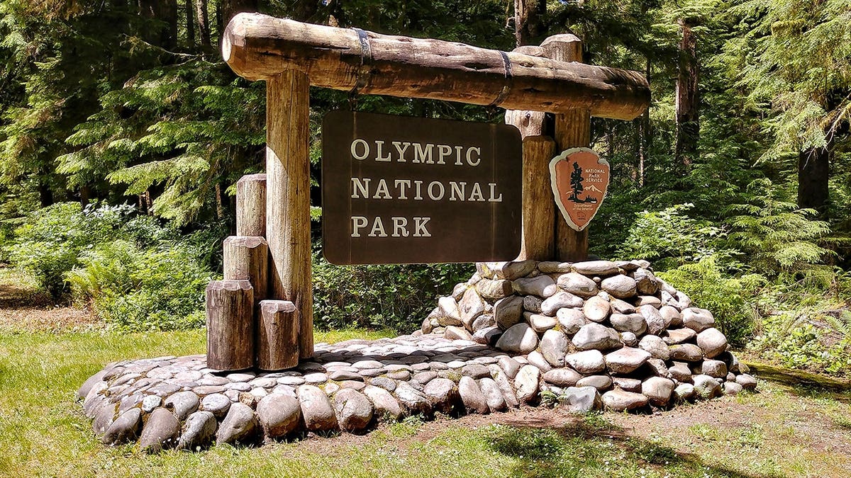 Olympic National Park Washington welcome sign at park entrance