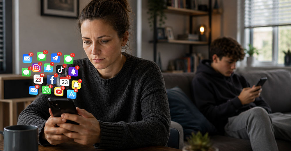 Parent reviewing smartphone notifications while a teenager uses a phone in the background
