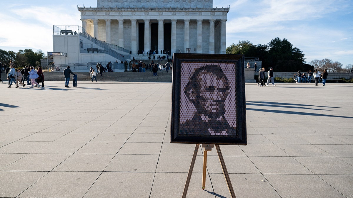 A portrait of former President Abraham Lincoln made of pennies at the Lincoln Memorial in Washington, D.C.