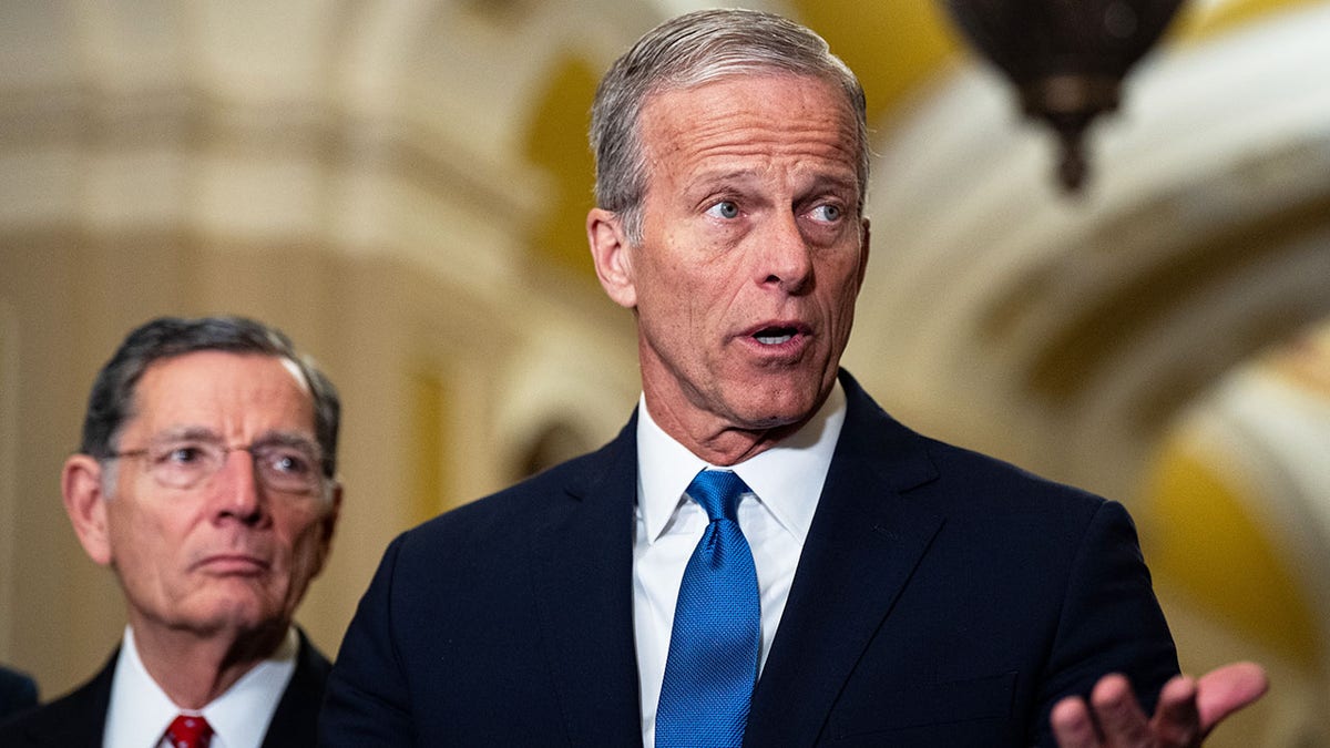 Senate Majority Leader John Thune and Senator John Barrasso speaking at a news conference at the US Capitol