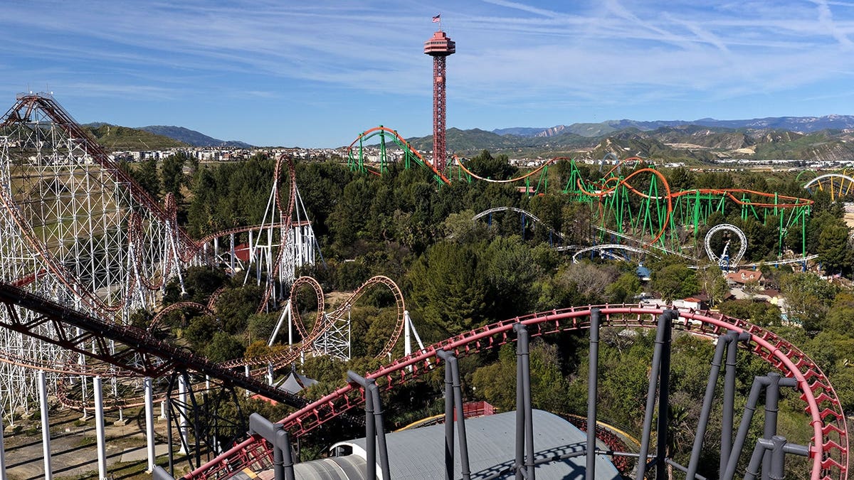 Aerial view of roller coasters at Six Flags Magic Mountain in Valencia, California
