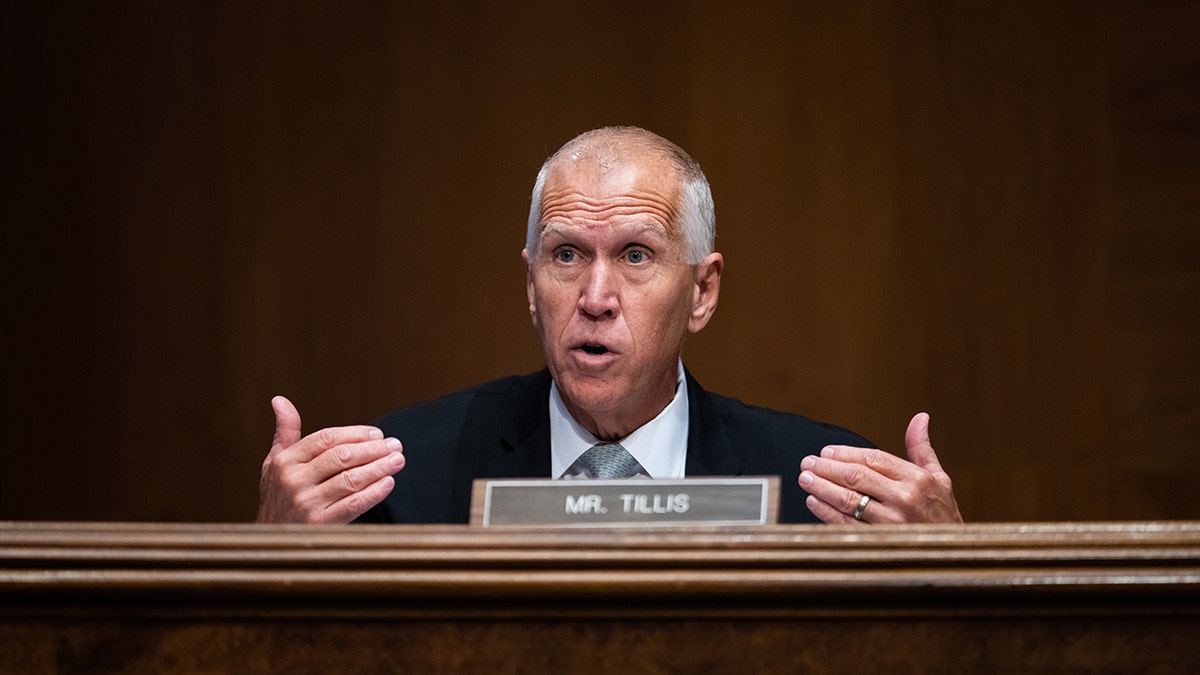 Sen. Thom Tillis questioning Federal Reserve Chairman Jerome Powell during a Senate hearing.