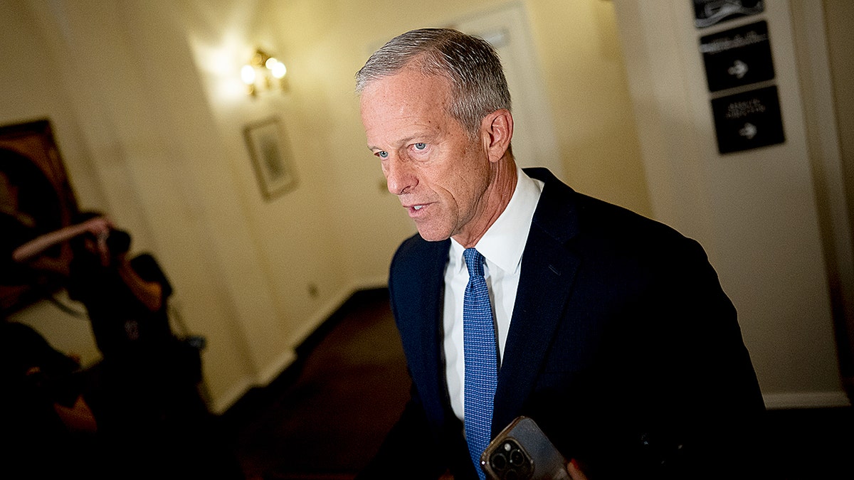 Senate Majority Leader John Thune speaking to reporters at the U.S. Capitol Building