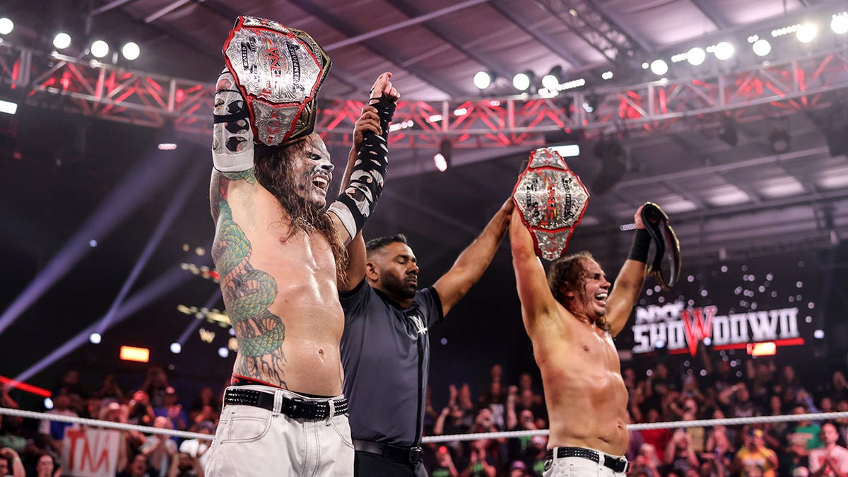 Jeff and Matt Hardy celebrating a win at WWE Performance Center in Orlando