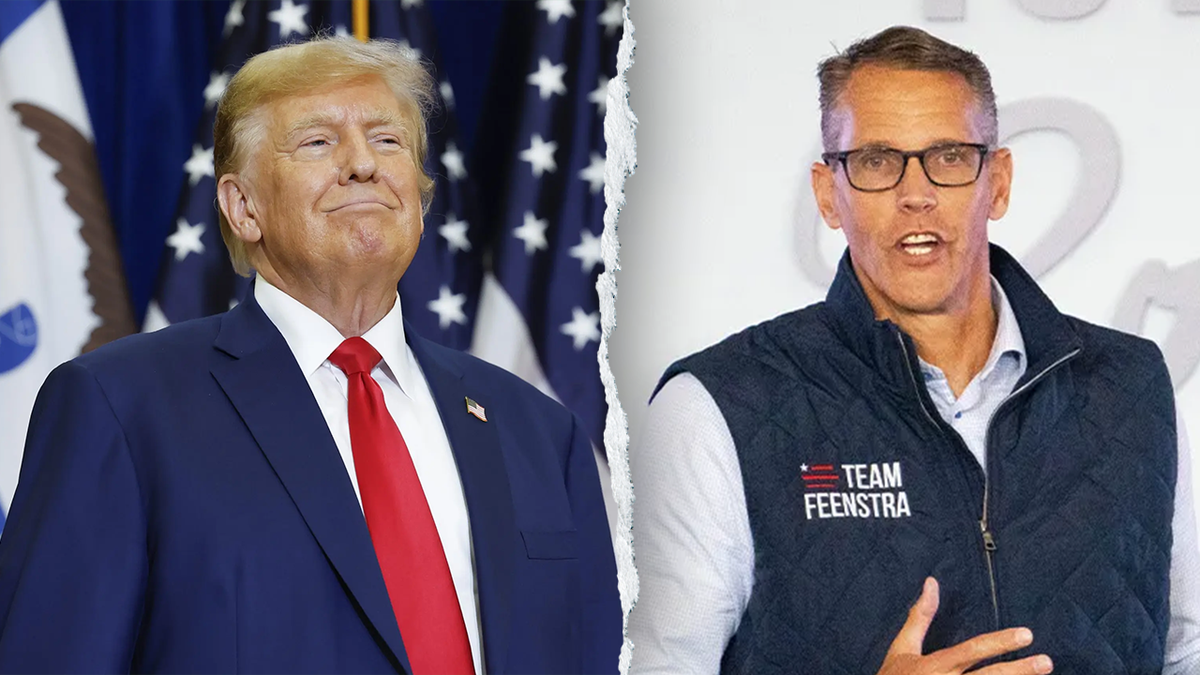 Donald Trump speaking at a campaign rally in Mason City Iowa and Randy Feenstra speaking at Iowa State Fairgrounds
