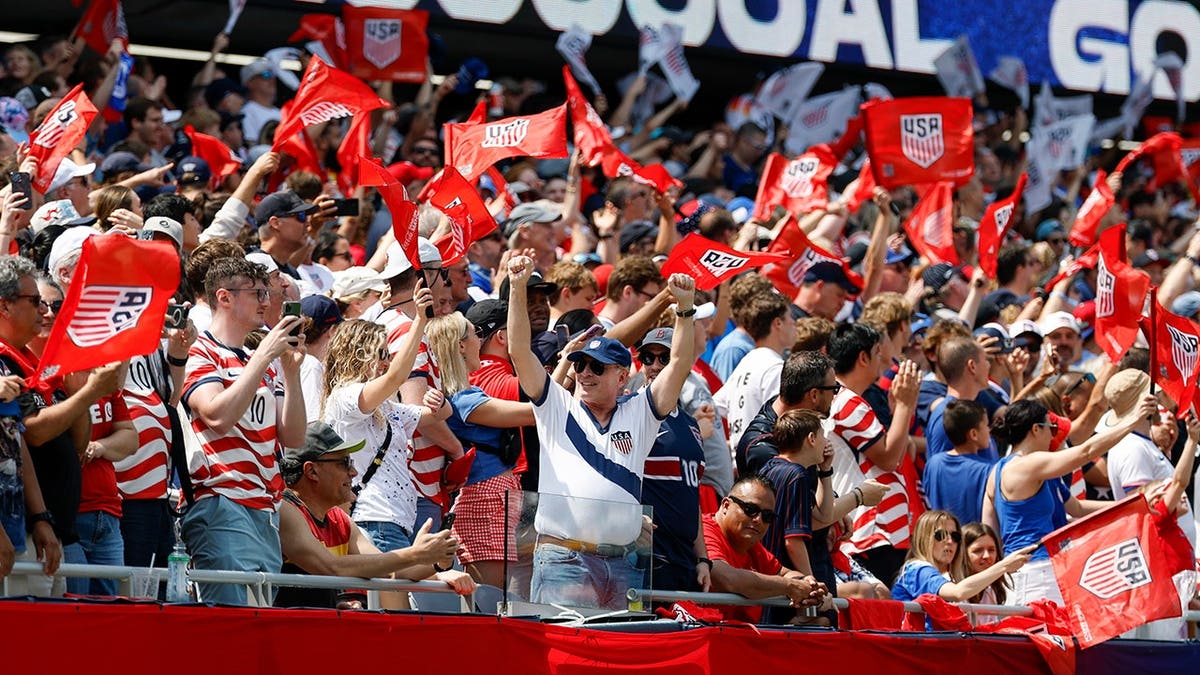 Fans of the USA celebrating a goal at Soldier Field in Chicago, Illinois.
