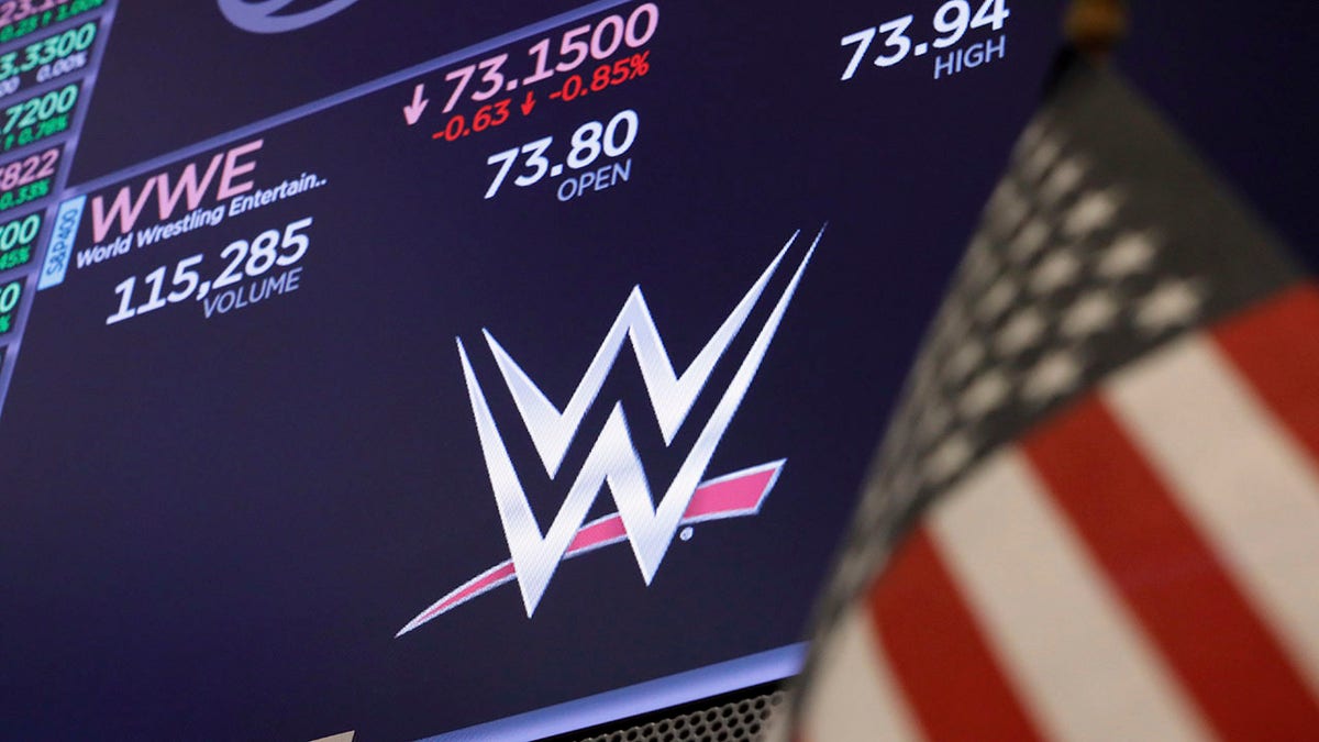 The WWE logo displayed above a trading post on the floor of the New York Stock Exchange.