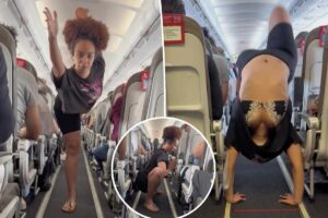 Fitness influencer performs complex yoga in crowded plane — and passengers are not impressed: ‘Main character syndrome’