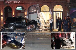 Wild video shows two cars almost hit pedestrian as smash into Brooklyn building in suspected road rage clash Wild video shows two cars almost hit pedestrian as smash into Brooklyn building in suspected road rage clash