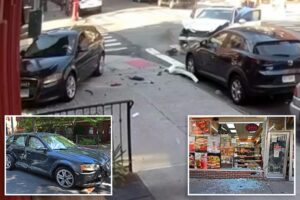 Video captures insane moment Mercedes driver nearly hits cop, sends Audi flying into deli in trendy NYC nabe