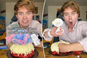 Man makes wild baby gender reveal video after he was accidentally given couple’s surprise dessert