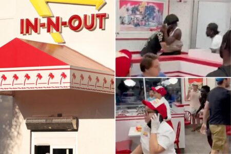 Moment mass brawl breaks out at In-N-Out burger in front of stunned diners