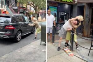 Wild videos shows skateboarder and Mercedes driver brawl over prime NYC parking spot: police Wild videos shows skateboarder and Mercedes driver brawl over prime NYC parking spot: police