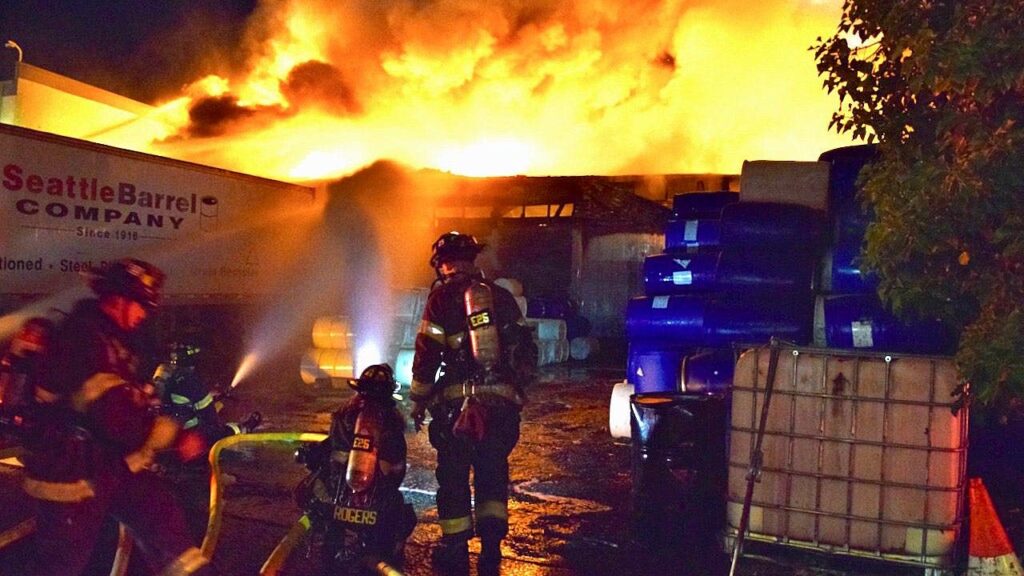 Seattle fire crews respond to 3-alarm Industrial District warehouse fire, roof partially collapses Seattle fire crews respond to 3-alarm Industrial District warehouse fire, roof partially collapses