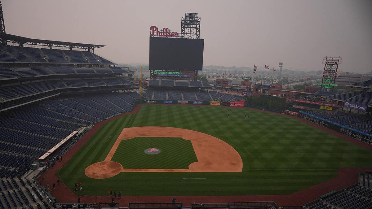 Citizens Bank Park under hazy conditions in Philadelphia.