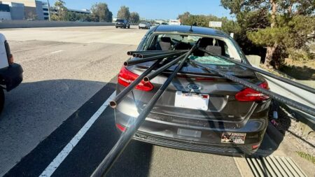 Unsecured metal pipes impale California sedan in terrifying highway crash Unsecured metal pipes impale California sedan in terrifying highway crash