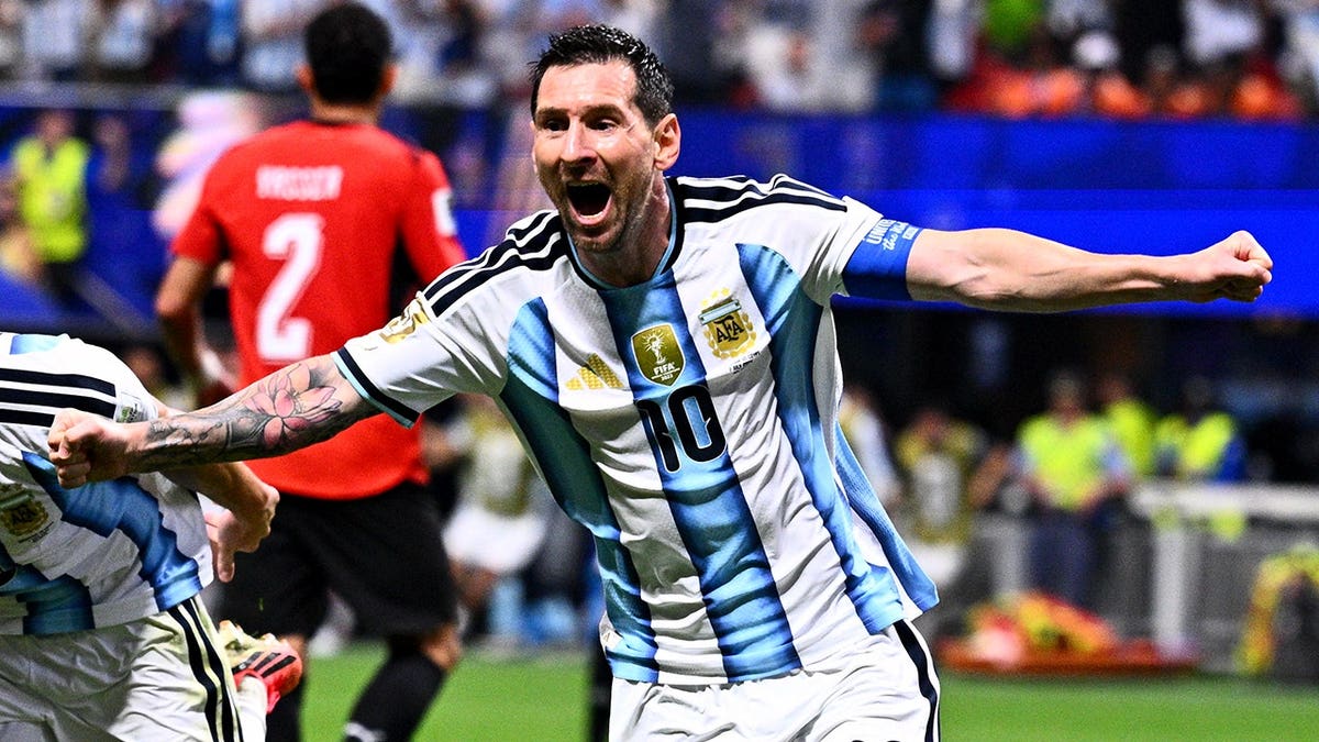 Argentina's Lionel Messi (10) celebrates scoring a goal during the World Cup round of 16 match against Egypt.