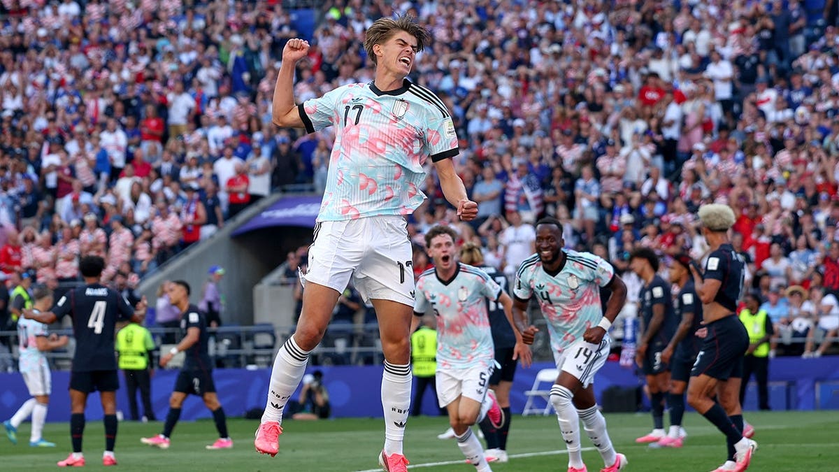 Belgium's Charles De Ketelaere celebrates