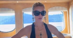 Brooks Nader Narrowly Avoids Wardrobe Malfunction While Going Braless in Plunging Dress on a Yacht Brooks Nader Narrowly Avoids Wardrobe Malfunction While Going Braless in Plunging Dress on a Yacht