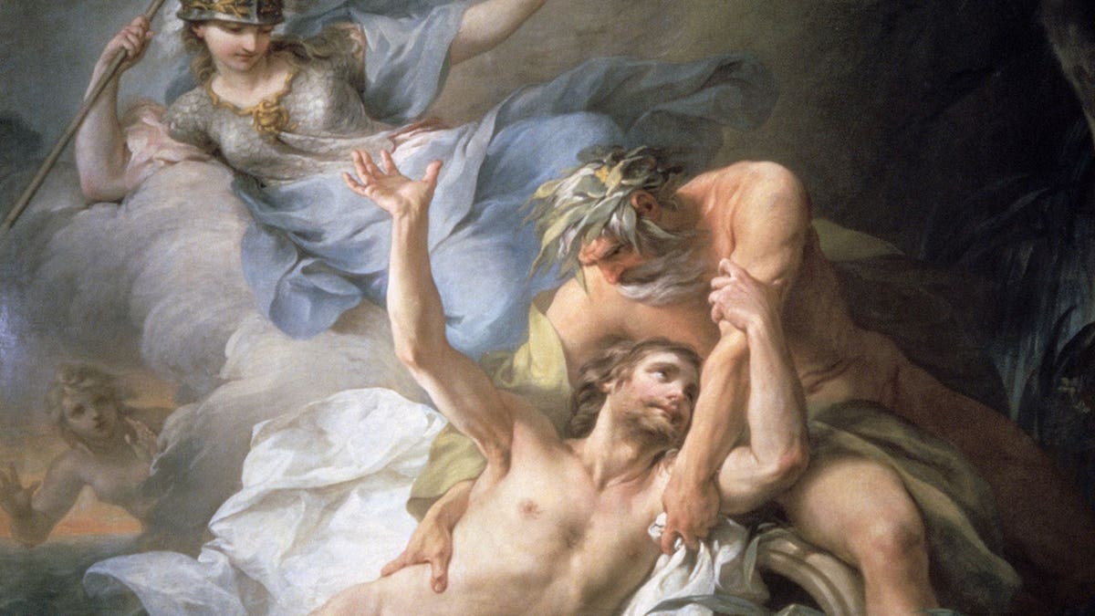 Depiction of Odysseus and Zeus on the island of Calypso