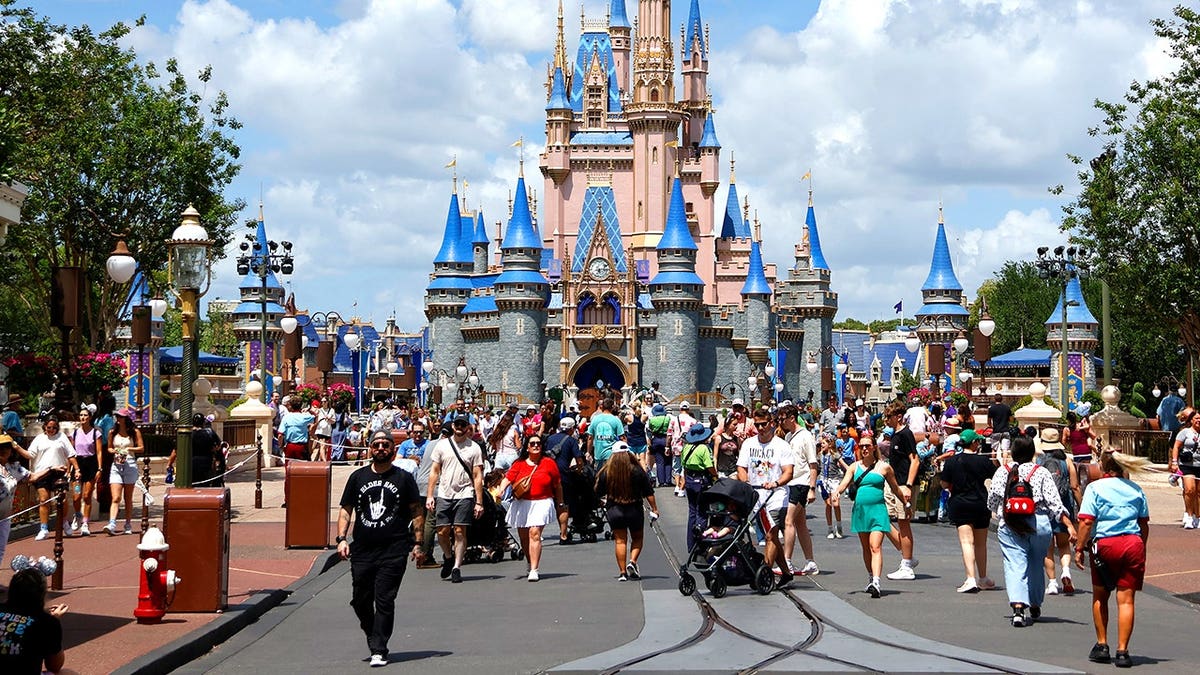 View of tourists walking around Magic Kingdom at Disney World