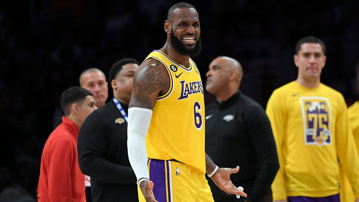 LeBron James reacts to a foul call against Dallas