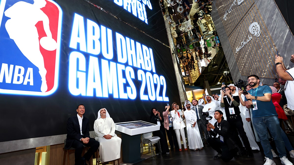 H.E. Saleh Mohamed Al Geziry, Director General for Tourism at DCT Abu Dhabi and Ralph Rivera, Managing Director, NBA Europe and Middle East attends during The NBA Abu Dhabi Games 2022 Announcement at Dubai World Trade Centre on May 10, 2022 in Dubai, United Arab Emirates.