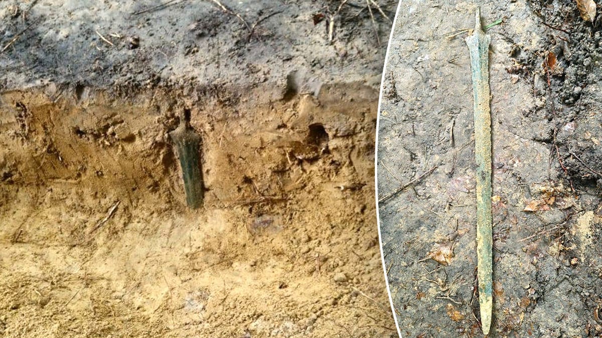 Split image of soil embedded in soil, cleaned sword on ground