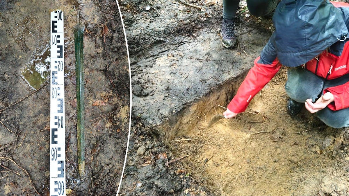 Split image of sword in social, archaeologist excavating trench