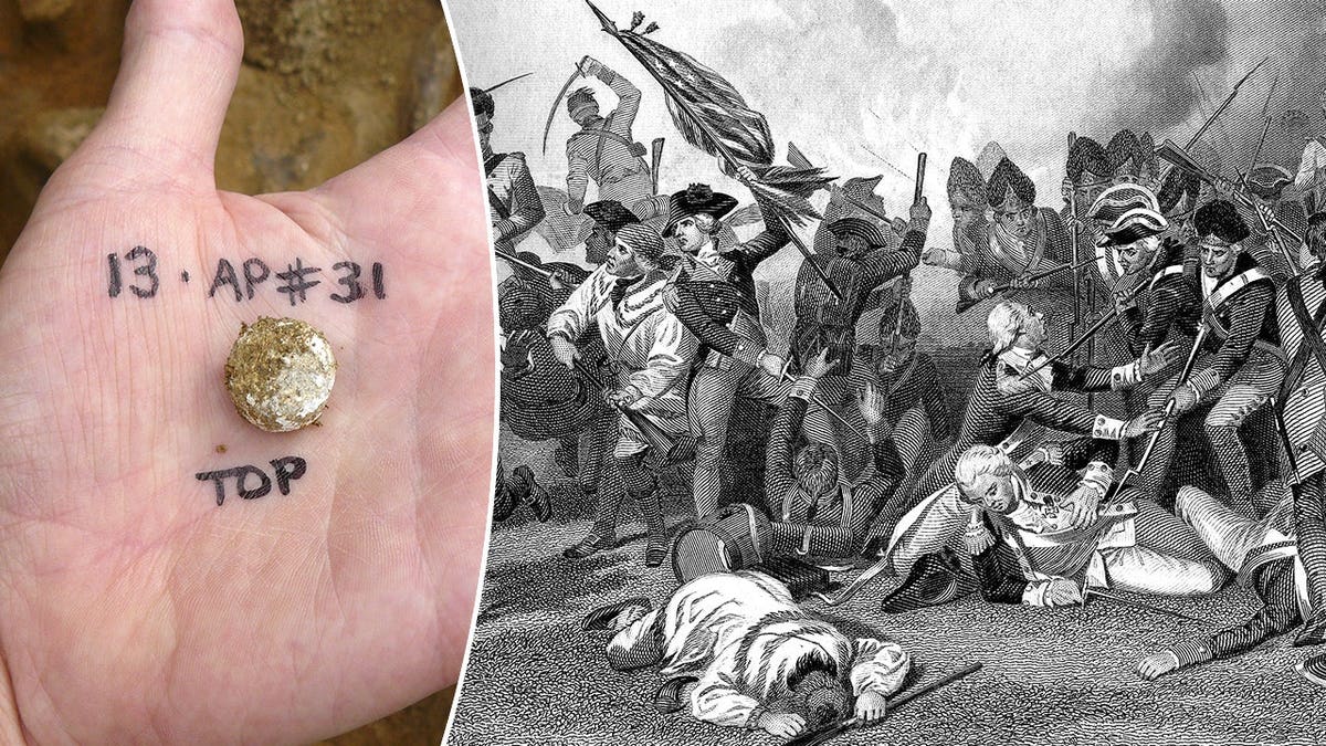 Split image of archaeologist holding artifact, Battle of Camden depiction