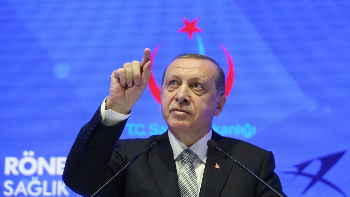 Turkey's President Recep Tayyip Erdogan speaks during a meeting in Istanbul, Friday, July 21, 2017. Erdogan has accused Germany's government of trying to scare off investments to Turkey with lies, after Germany toughened its stance toward Ankara following the arrest of human rights activists, including a German national.(Presidential Press Service/Pool photo via AP)