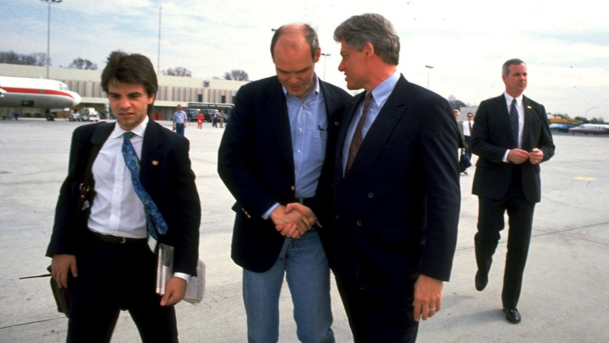 Bill Clinton on the 1992 trail with Stephanopoulos and Carville