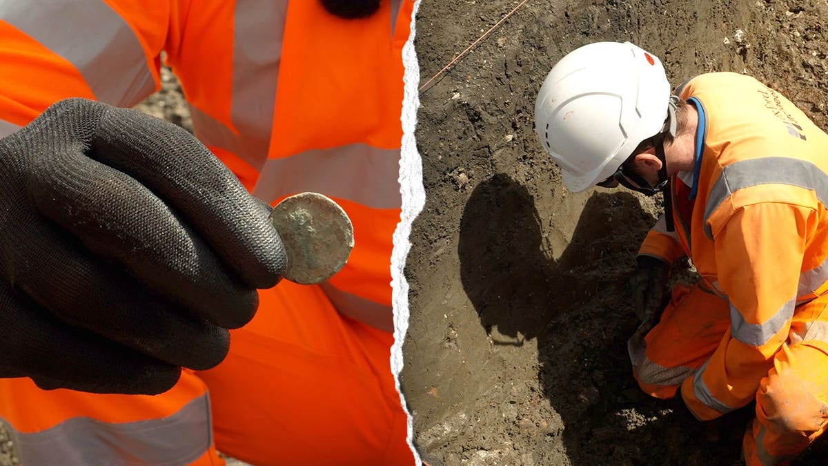 Split image of archaeologist digging, archaeologist holding coin