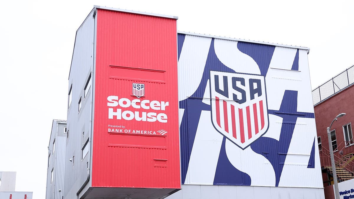 A detailed view of the U.S. soccer logo