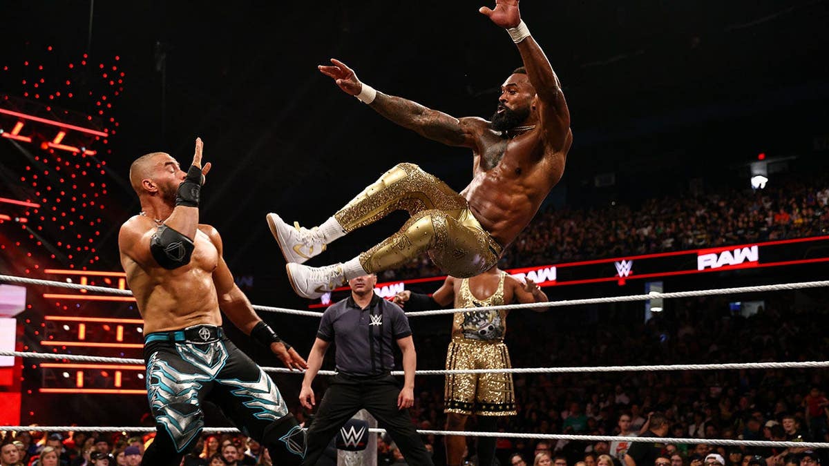 Montez Ford in action against Austin Theory during Monday Night RAW at Allstate Arena in Chicago.