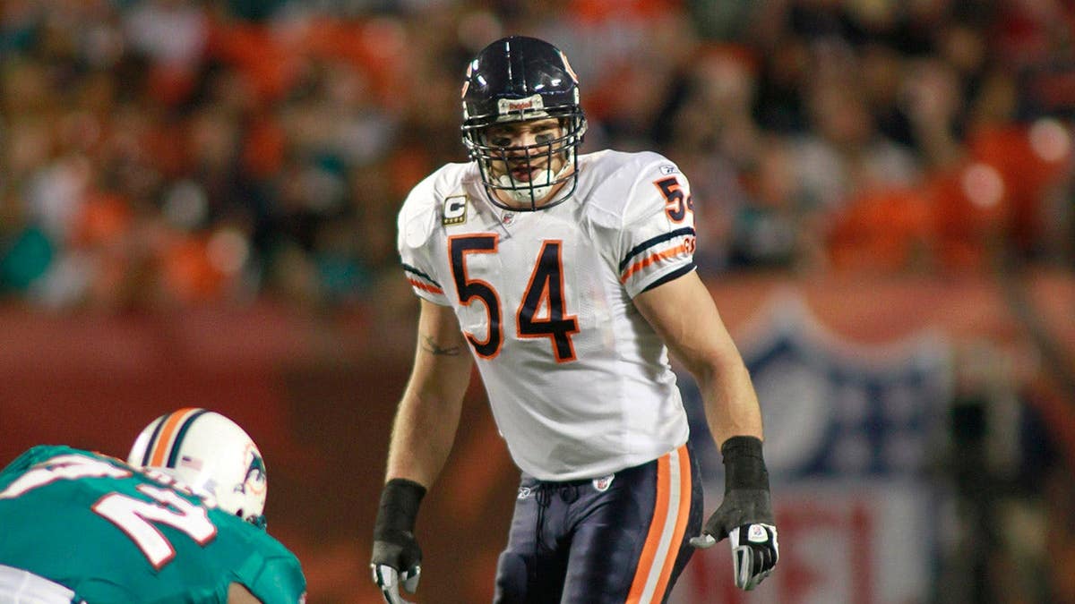 Brian Urlacher lines up against the Miami Dolphins at Sun Life Stadium.
