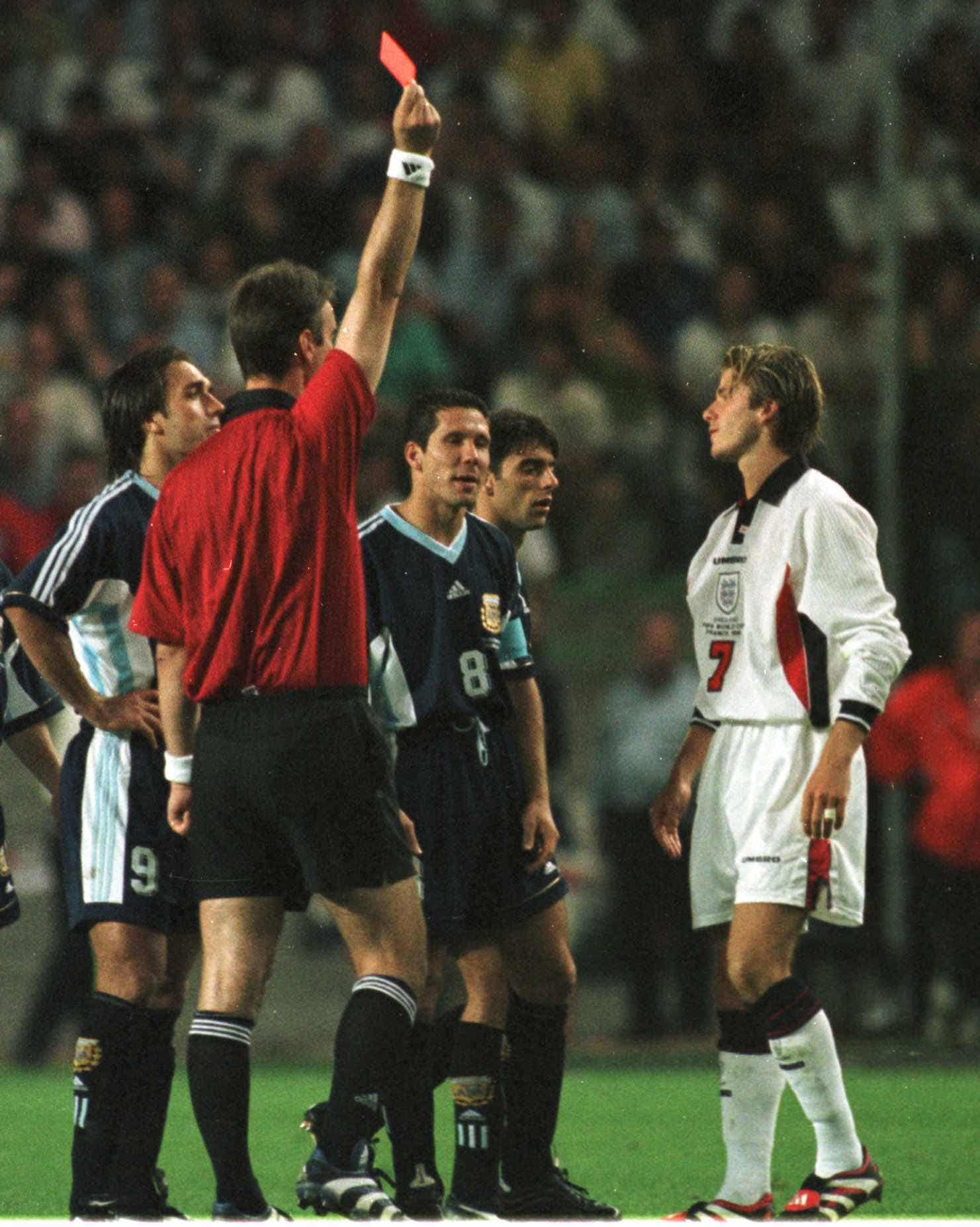 A second-half red card for David Beckham left England with ten men before a 4-3 penalty shootout defeat to Argentina in 1998. (Photo by Arnold Slater /Daily Mirror/Mirrorpix via Getty Images)