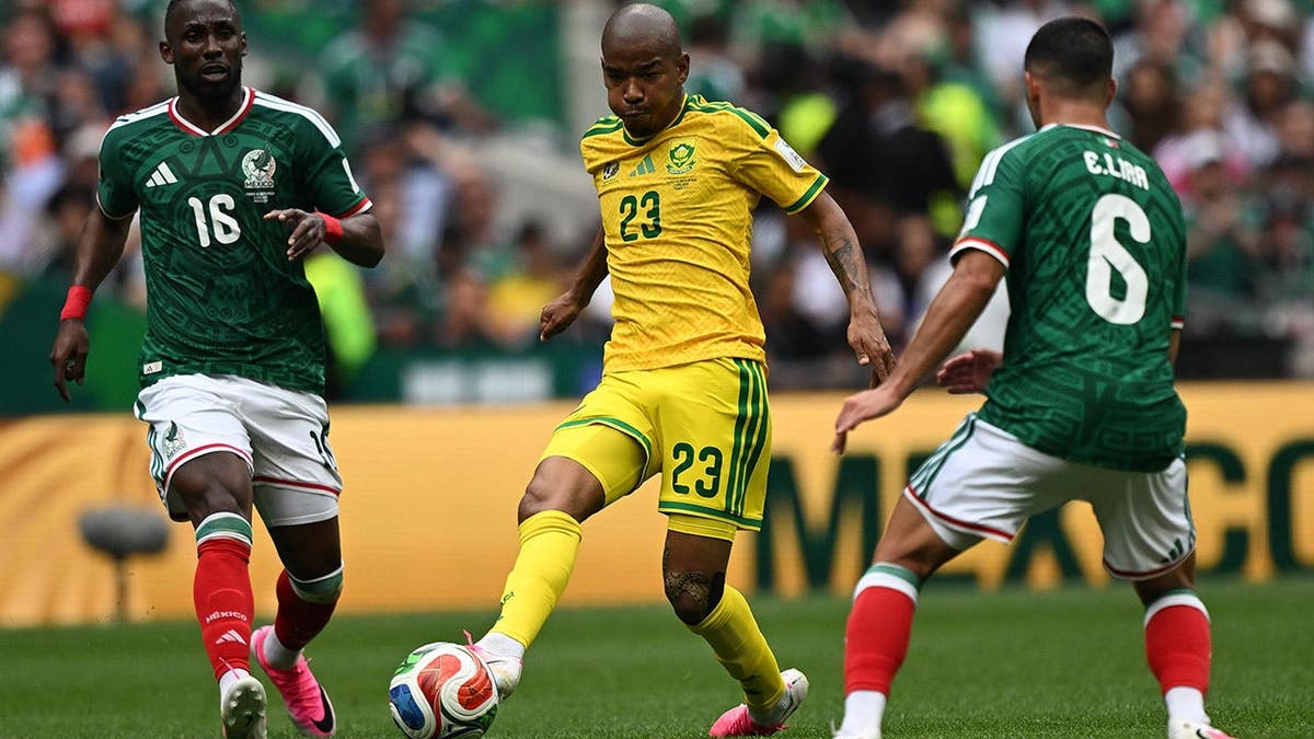Jayden Adams of South Africa competes during a soccer match in Mexico City.