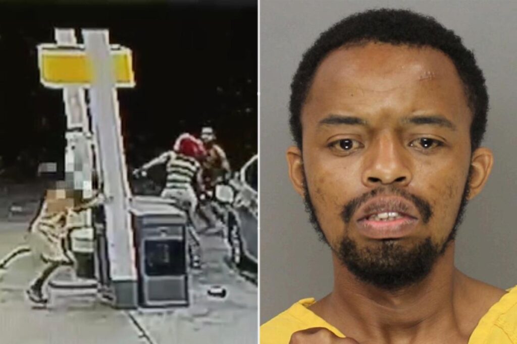 Video shows quick-thinking mom using gas pump to stop shirtless gun-toting maniac from grabbing her child Video shows quick-thinking mom using gas pump to stop shirtless gun-toting maniac from grabbing her child