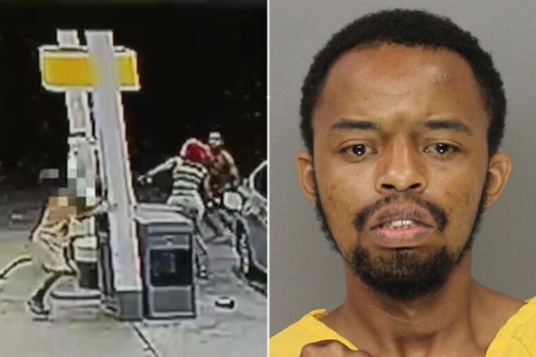 Video shows quick-thinking mom using gas pump to stop shirtless gun-toting maniac from grabbing her child Video shows quick-thinking mom using gas pump to stop shirtless gun-toting maniac from grabbing her child