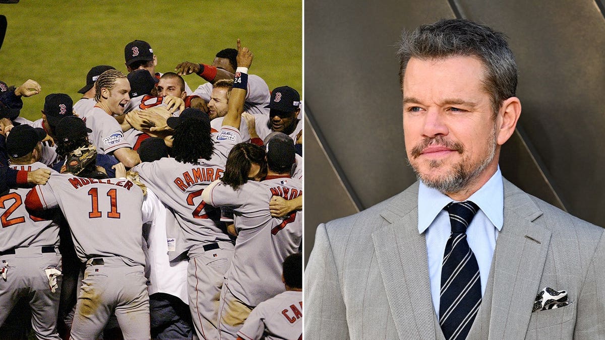 Red Sox celebrating the 2004 World Series with a photo of Matt Damon.