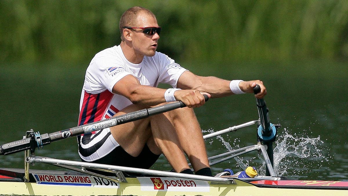 Olaf Tufte of Norway rows in the men's single sculls final.