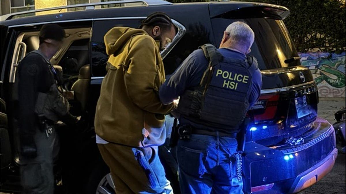 A suspect is led out of a vehicle, guided by a law enforcement agent