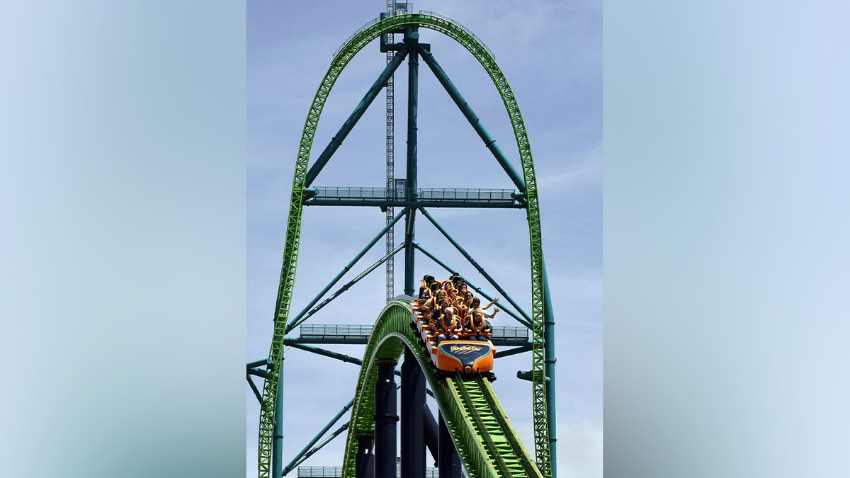 Riders go over a second hill on the Kingda Ka roller coaster at Six Flags in Jackson, New Jersey