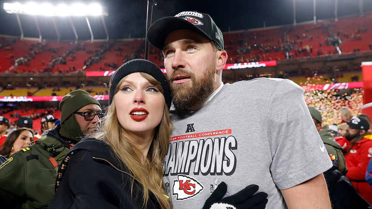 Taylor Swift celebrates with Travis Kelce at Arrowhead Stadium