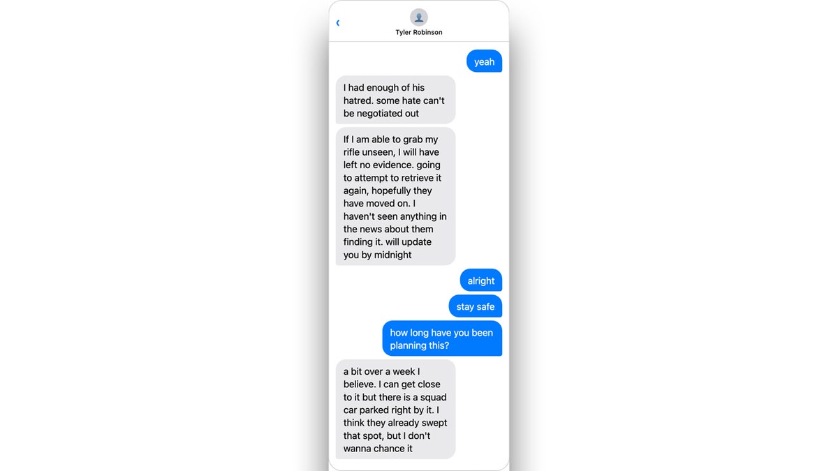 Screenshot of text messages shown during Tyler Robinson's preliminary hearing in Utah discussing a motive for the Sept. 10, 2025, shooting of Charlie Kirk
