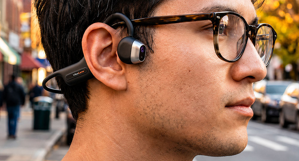 Person wearing the VibeLens MusicCam camera headset.