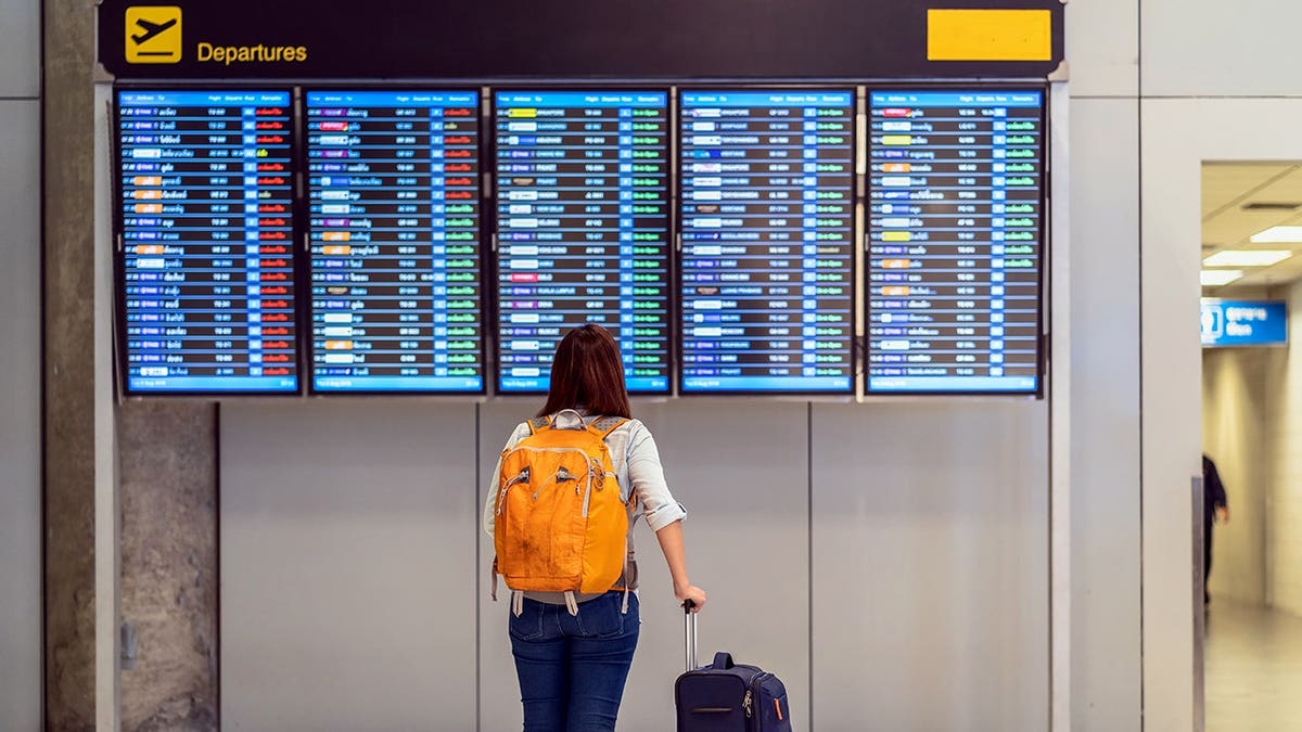 Back side of traveler with luggage standing over the flight board for check-in at the flight information screen